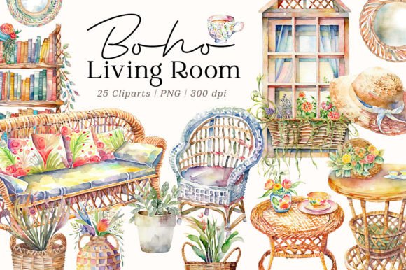Download Boho Living Room Watercolor - Living Collection